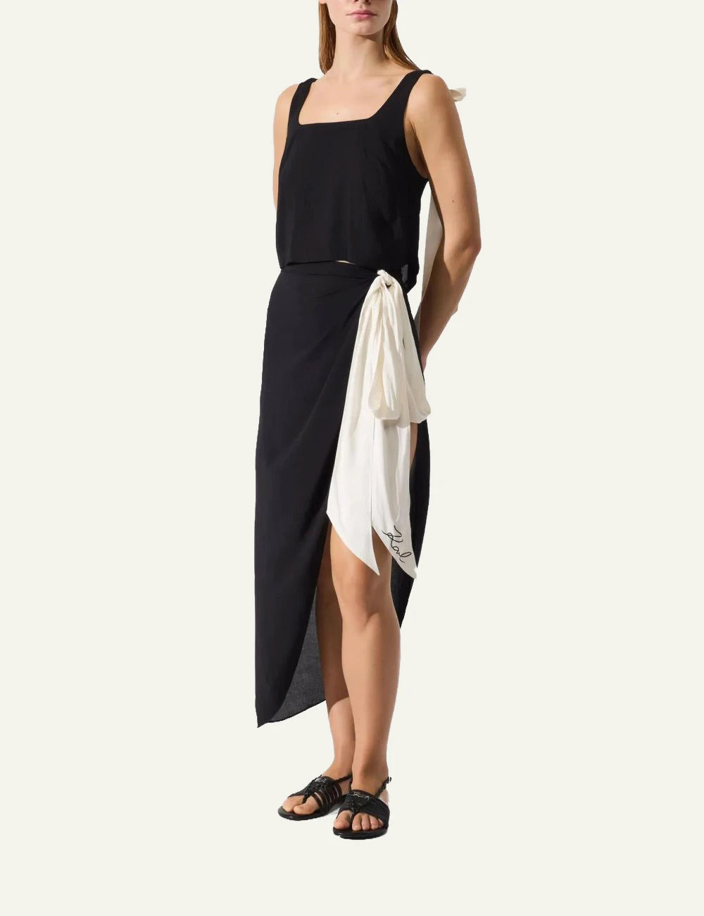 Karl Lagerfeld B2W46035999 pareo skirt black wrap bow detail front full body view