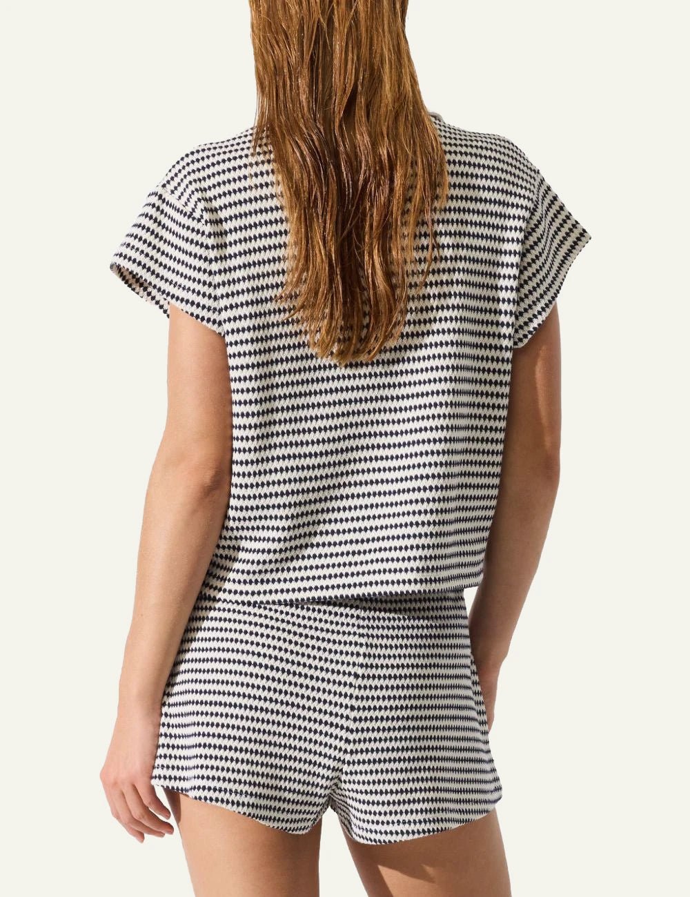 Karl Lagerfeld B2W46058B09 crochet polo top striped cream black V neck back view