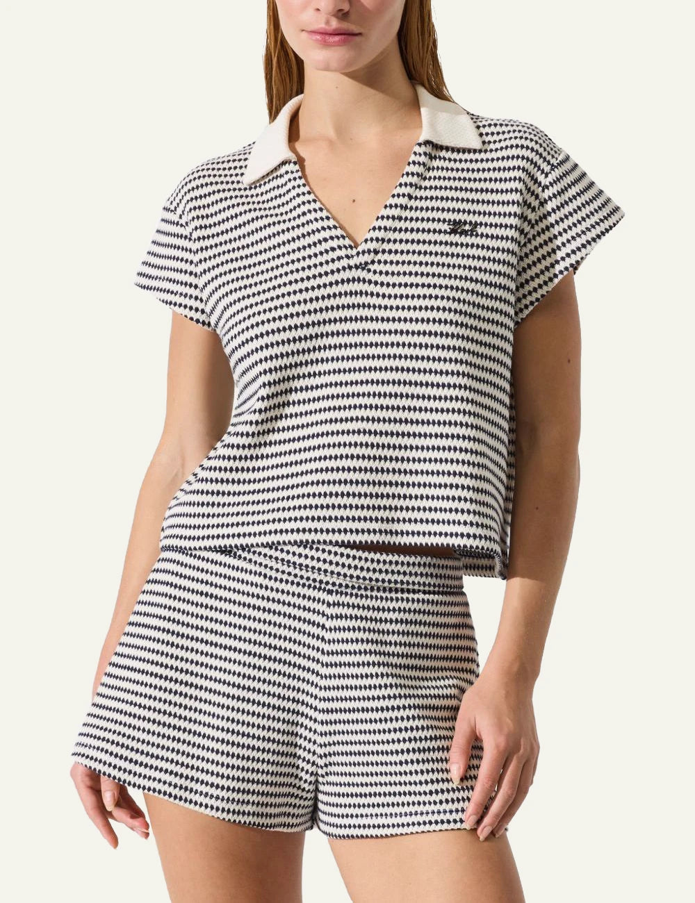 Karl Lagerfeld B2W46058B09 crochet polo top striped cream black V neck front model view