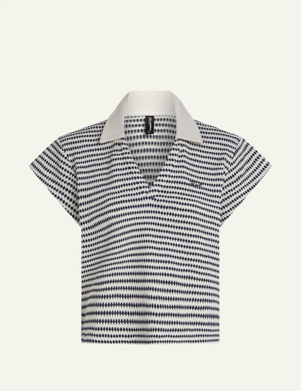 Karl Lagerfeld B2W46058B09 crochet polo top striped cream black V neck front view