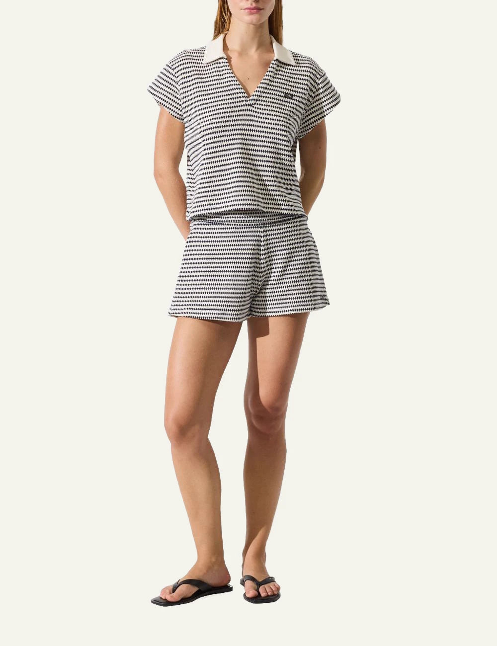 Karl Lagerfeld B2W46058B09 crochet polo top striped cream black V neck front full body view