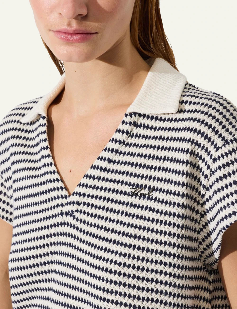 Karl Lagerfeld B2W46058B09 crochet polo top striped cream black V neck front detail view