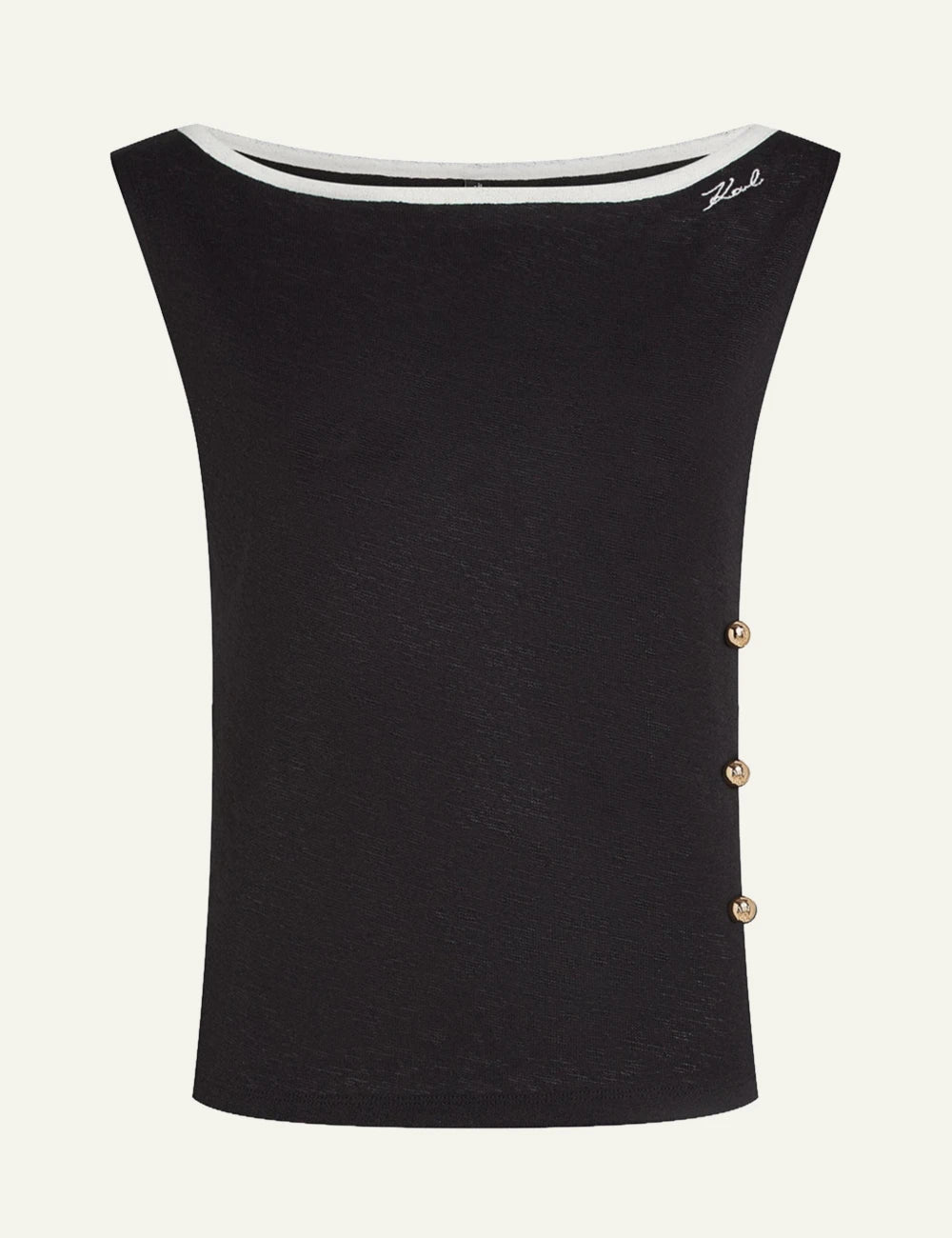 Karl Lagerfeld B2W46084 signature vest top black boat neck side buttons front view