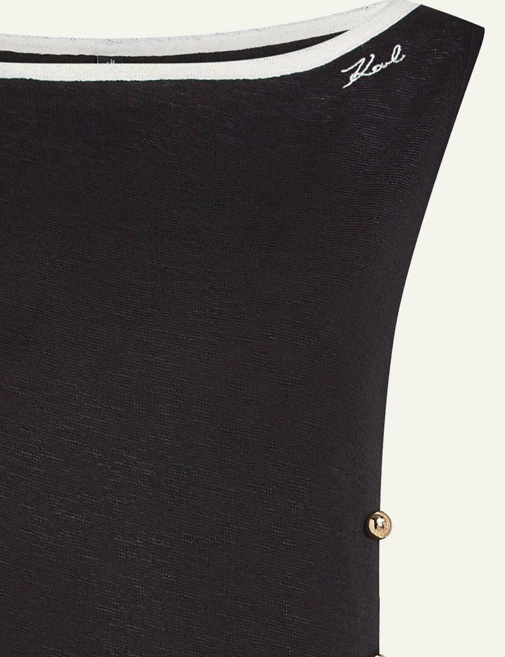 Karl Lagerfeld B2W46084 signature vest top black boat neck side buttons front detail view