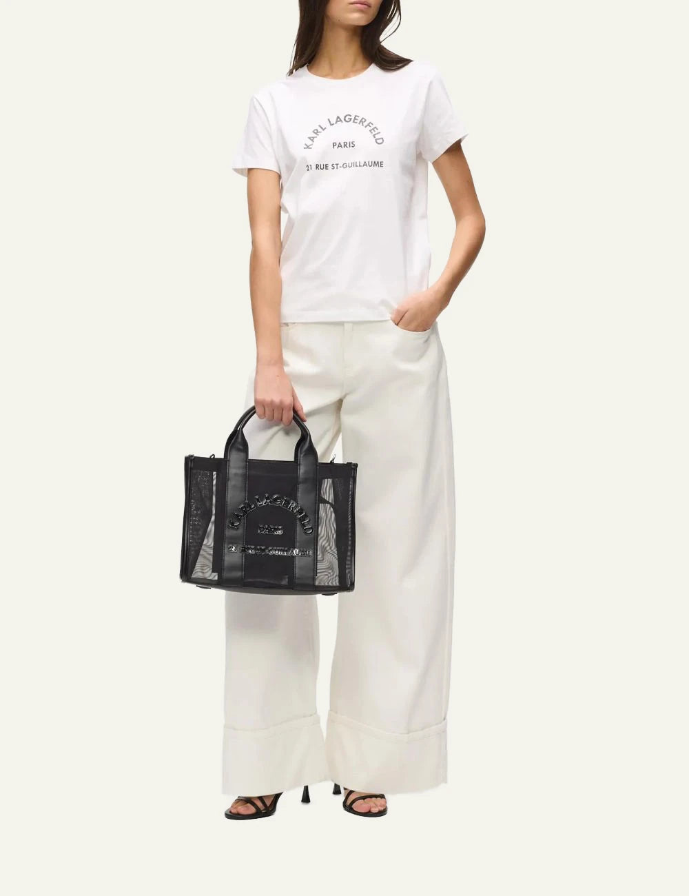 Karl Lagerfeld B2W50006999 square mesh medium tote black logo front model