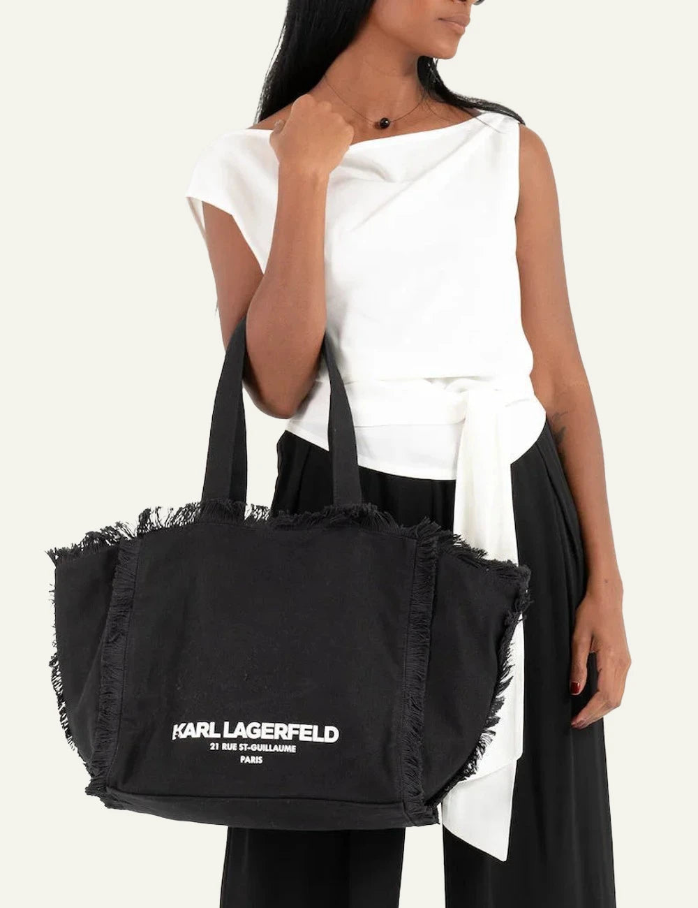 Karl Lagerfeld B2W50021 fringes tote black canvas logo front model