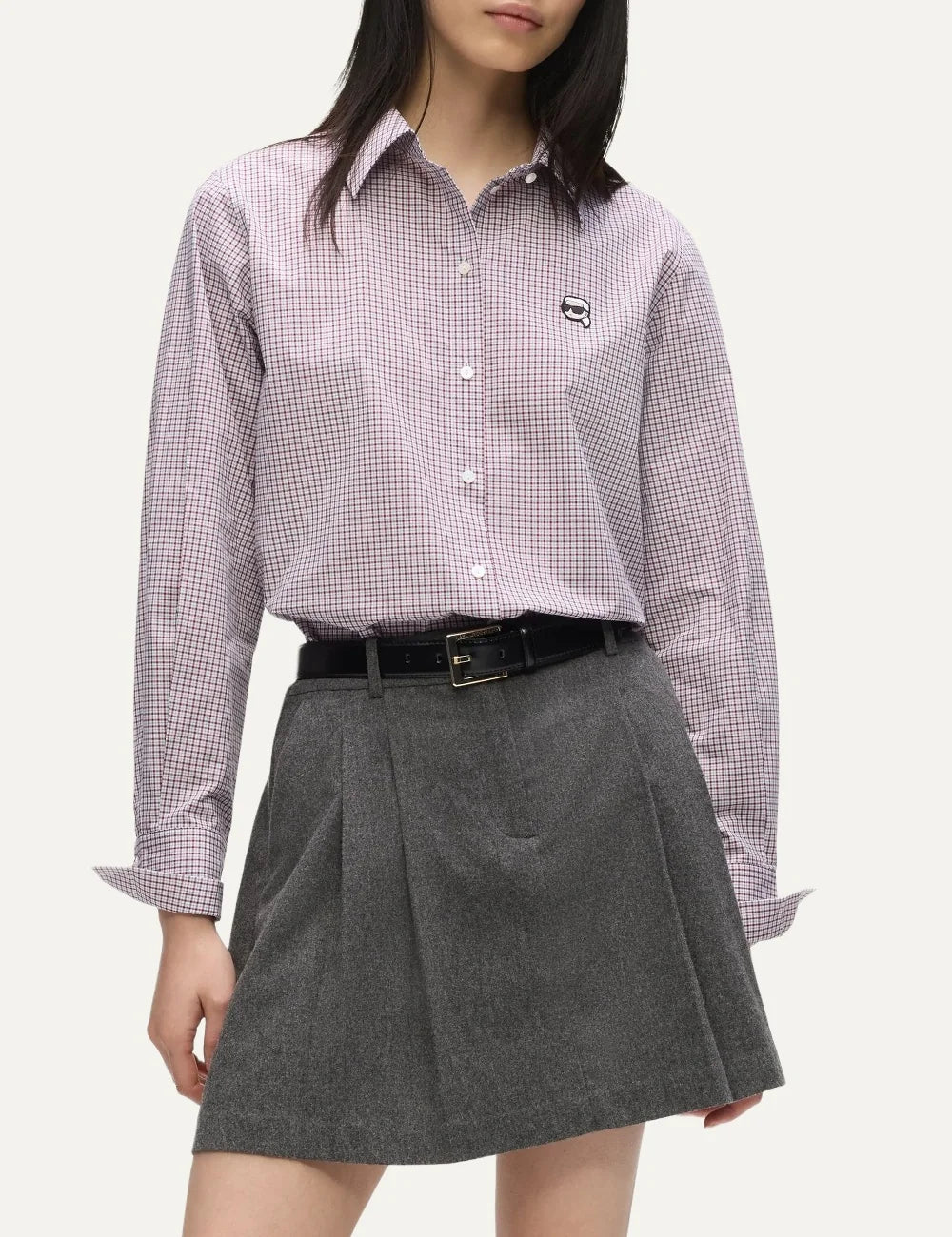 Karl Lagerfeld women's white and burgundy checked long sleeve shirt model