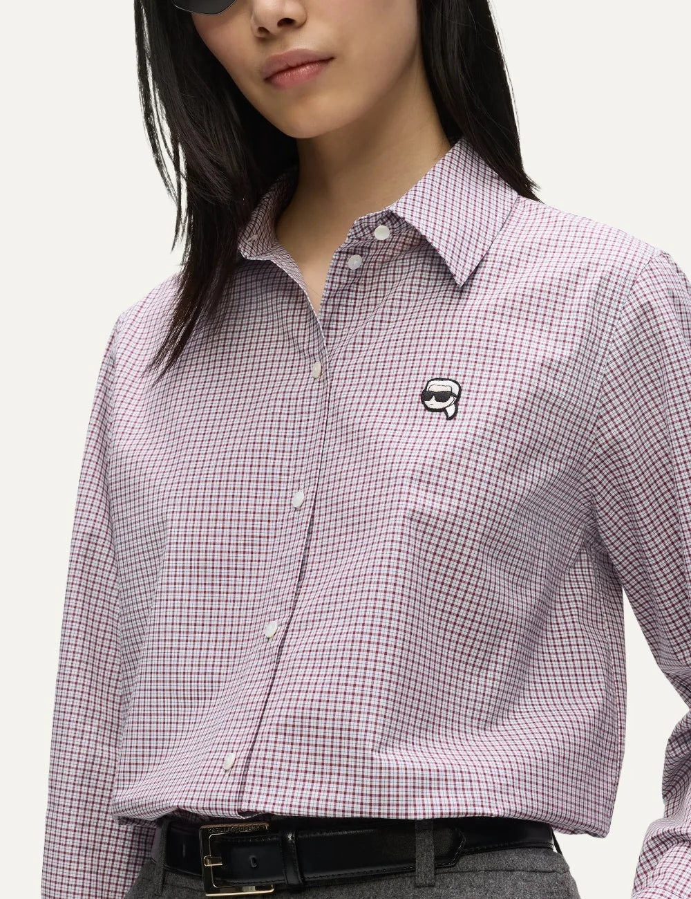 Karl Lagerfeld women's white and burgundy checked long sleeve shirt detail