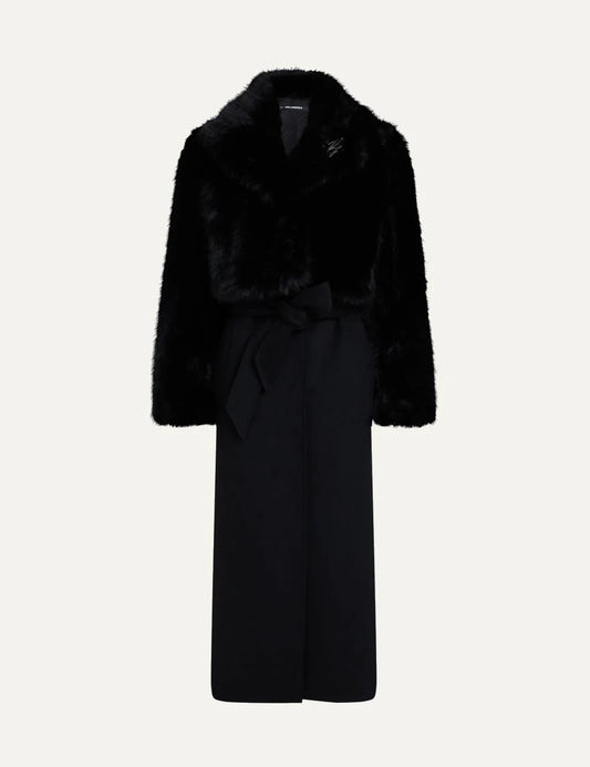 Karl Lagerfeld women's black long wool blend coat with detachable faux fur top