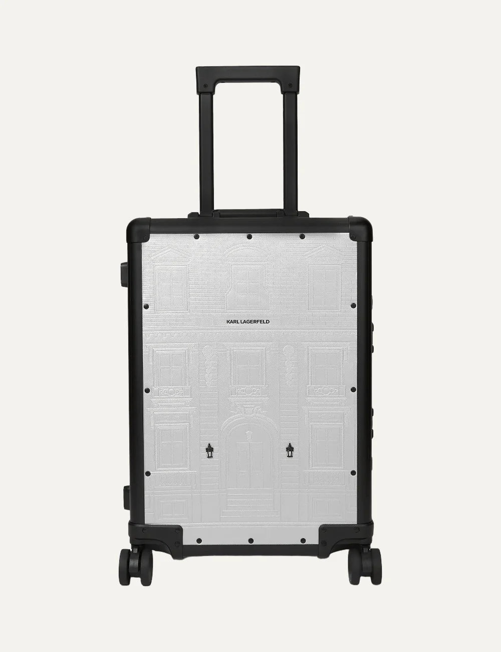 Karl Lagerfeld silver metallic trolley suitcase with Maison de Karl embossed design
