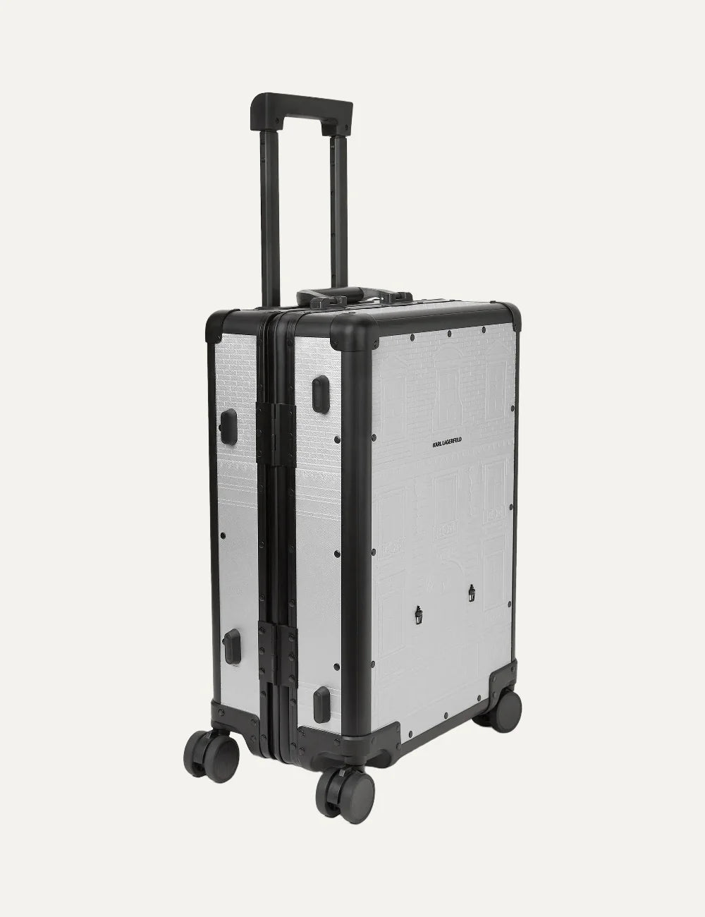 Karl Lagerfeld silver metallic trolley suitcase with Maison de Karl embossed design side