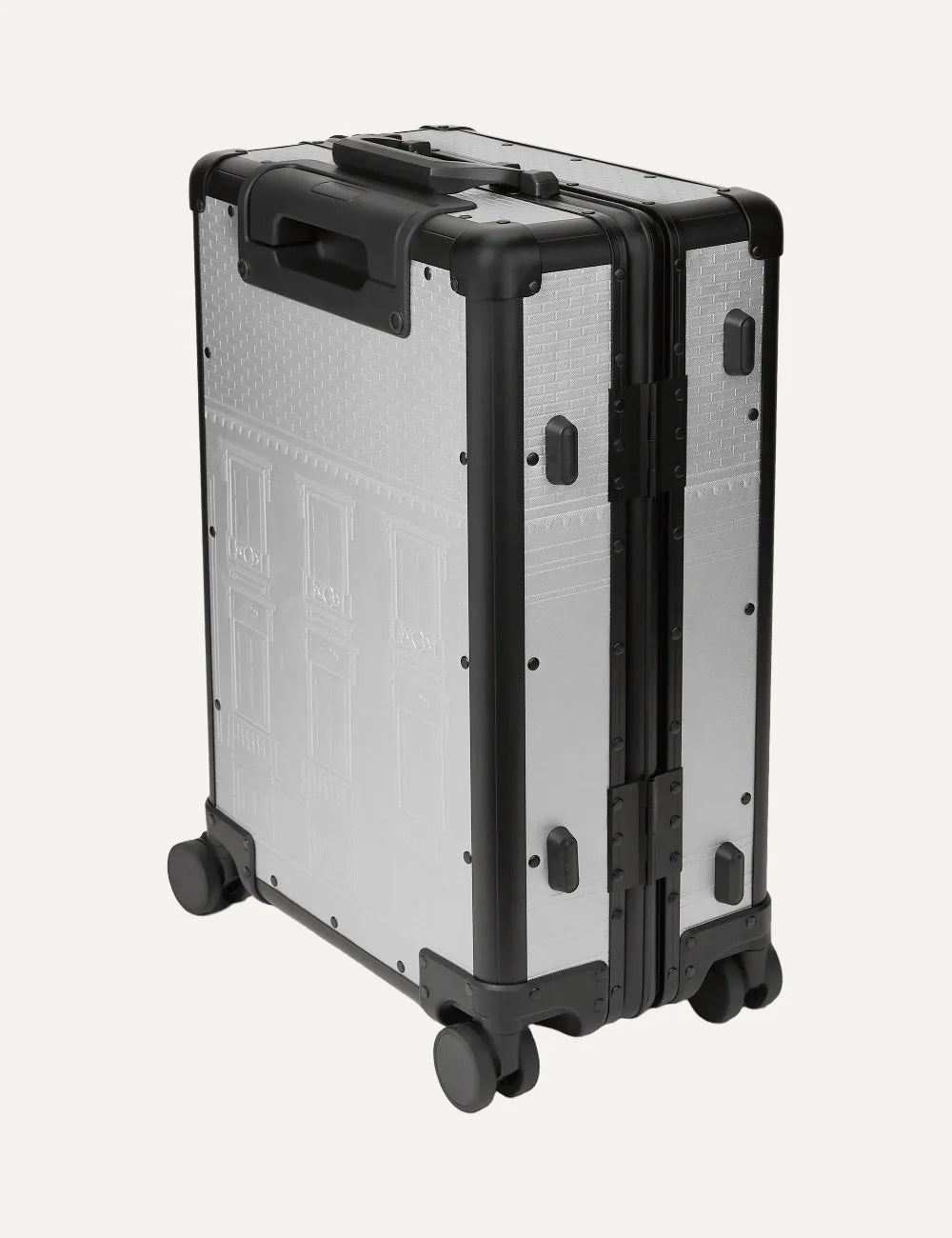 Karl Lagerfeld silver metallic trolley suitcase with Maison de Karl embossed design side