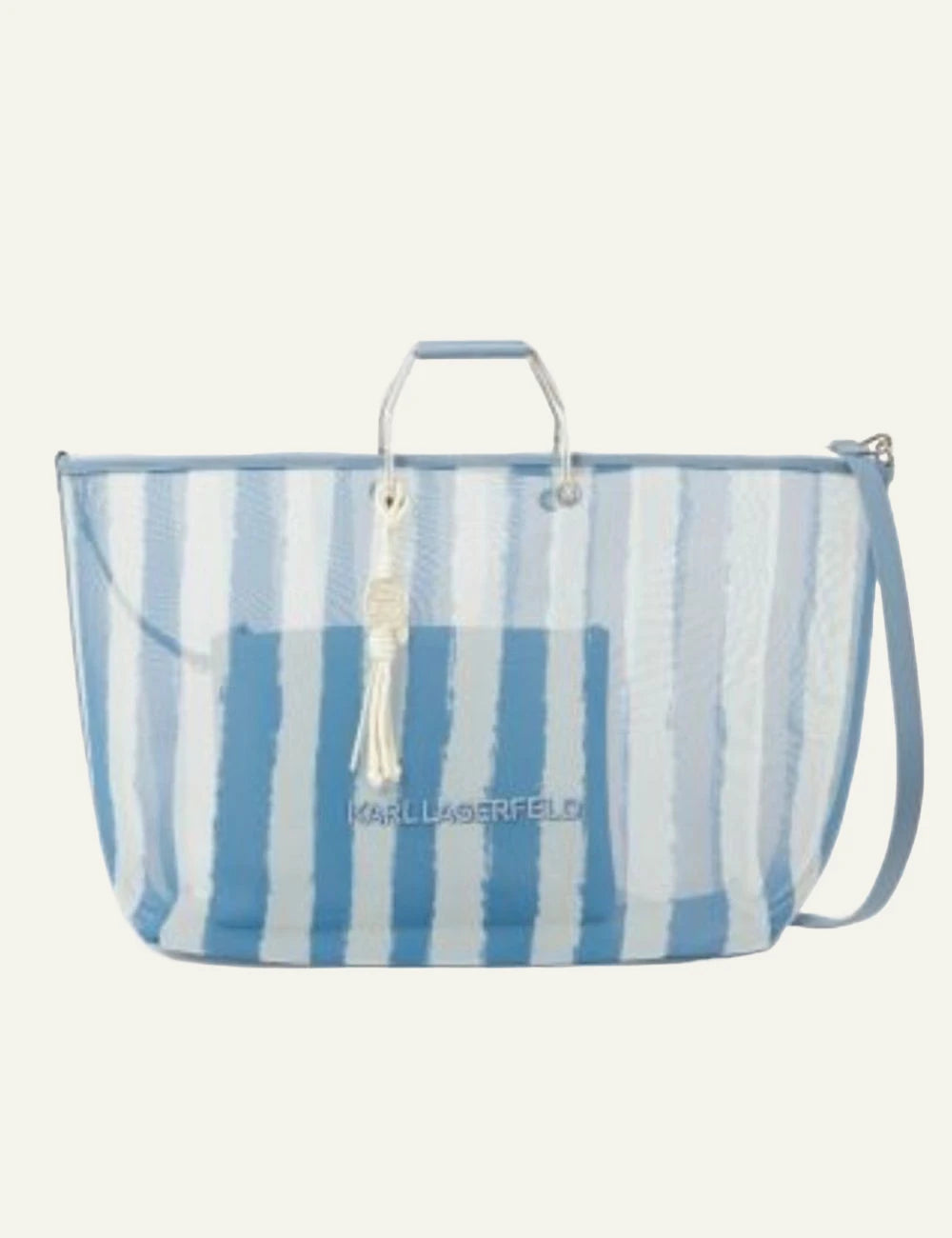 Karl Lagerfeld beach tote blue white striped transparent bag pouch inside front view