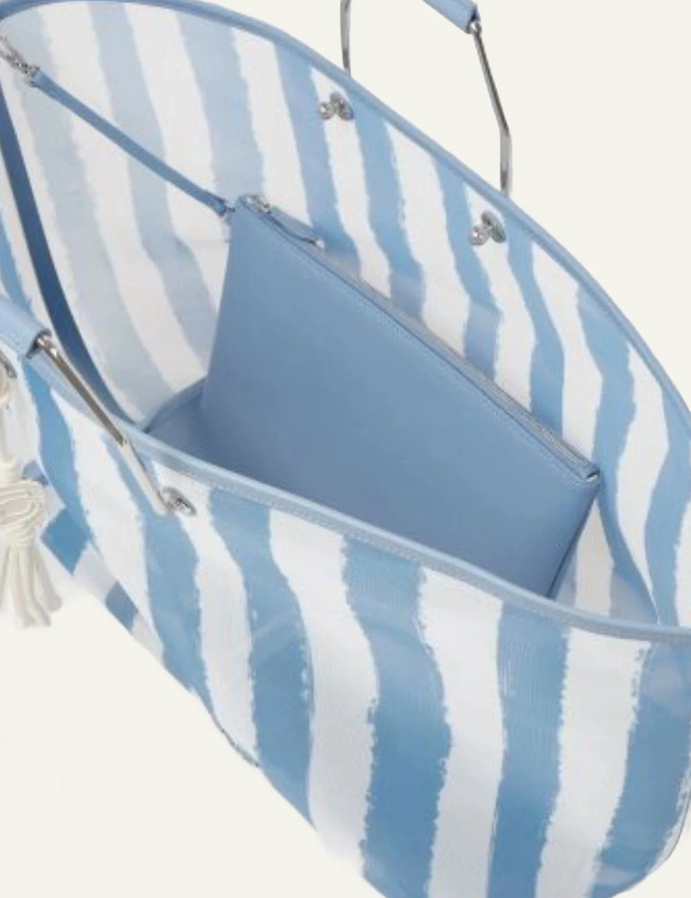 Karl Lagerfeld beach tote blue white striped transparent bag pouch inside top view