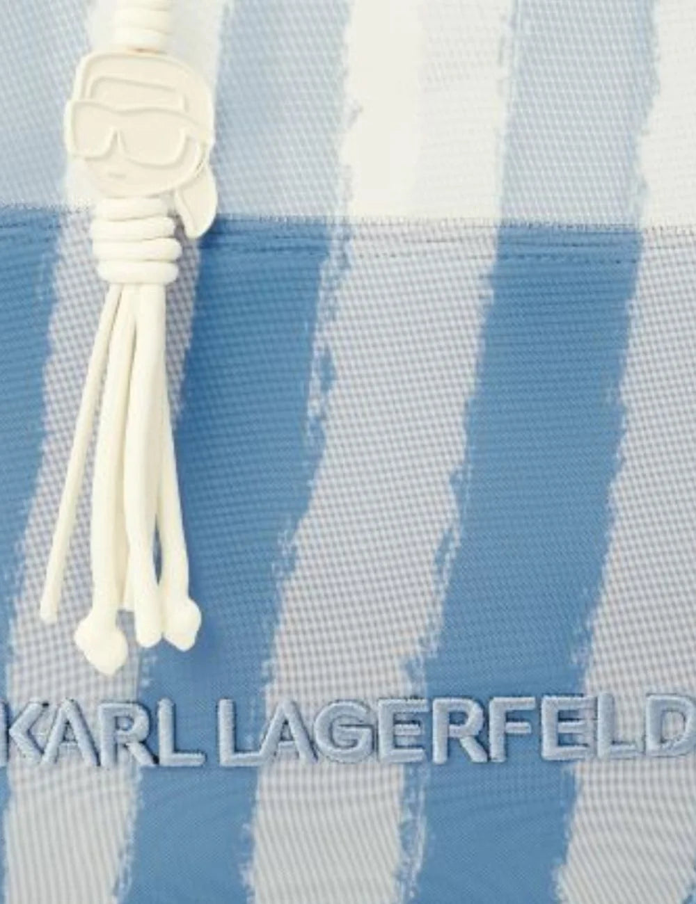 Karl Lagerfeld beach tote blue white striped transparent bag pouch inside front detail view