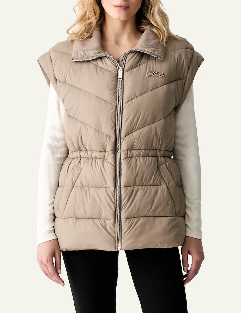 Karl Lagerfeld beige quilted padded vest with signature embroidery
