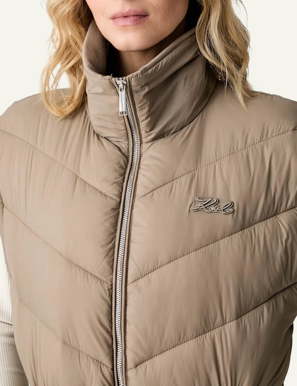 Karl Lagerfeld beige quilted padded vest with signature embroidery detail
