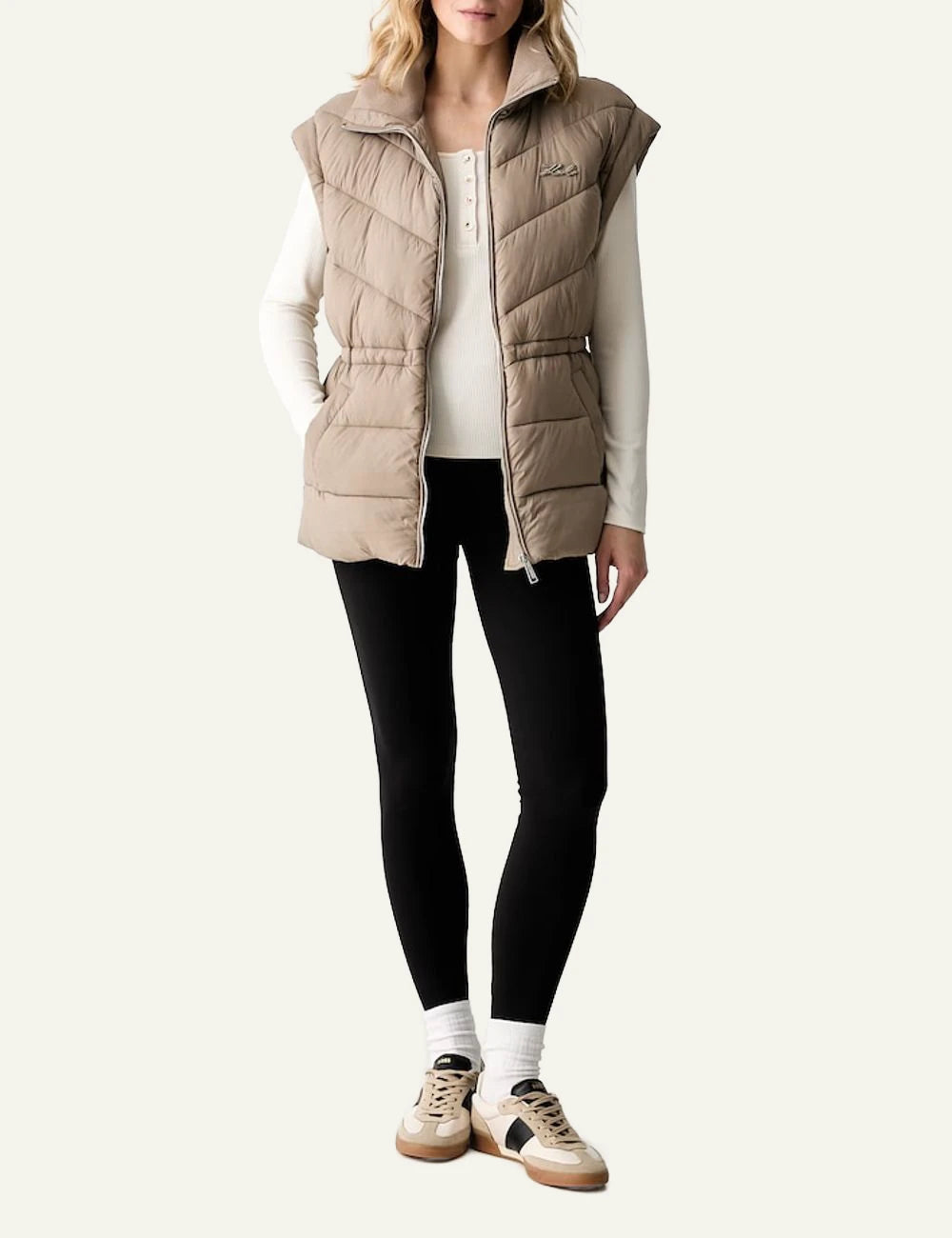 Karl Lagerfeld beige quilted padded vest with signature embroidery full body