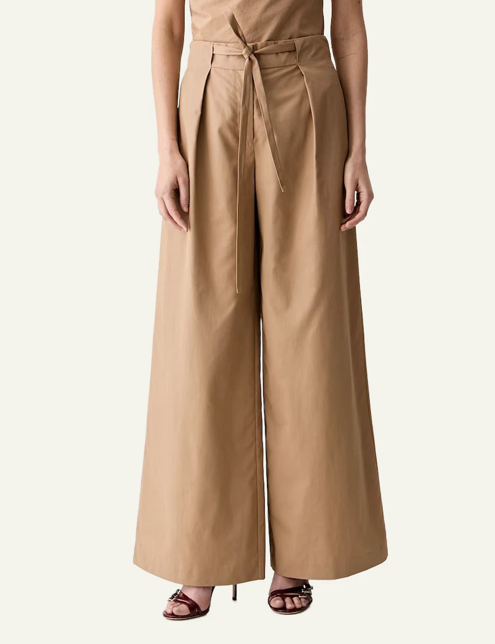 Karl Lagerfeld beige wide leg cotton trousers with high waist and waist tie