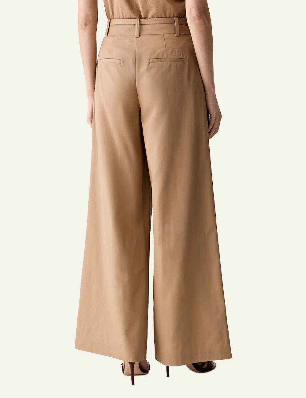 Karl Lagerfeld beige wide leg cotton trousers with high waist and waist tie back