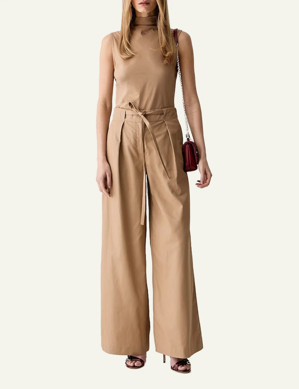 Karl Lagerfeld beige wide leg cotton trousers with high waist and waist tie full body