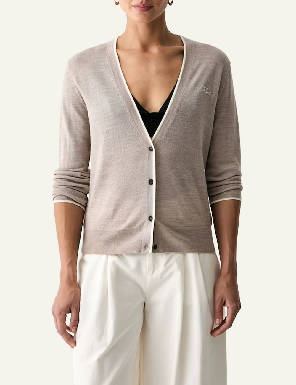 Karl Lagerfeld beige wool cardigan with V-neck and signature embroidery