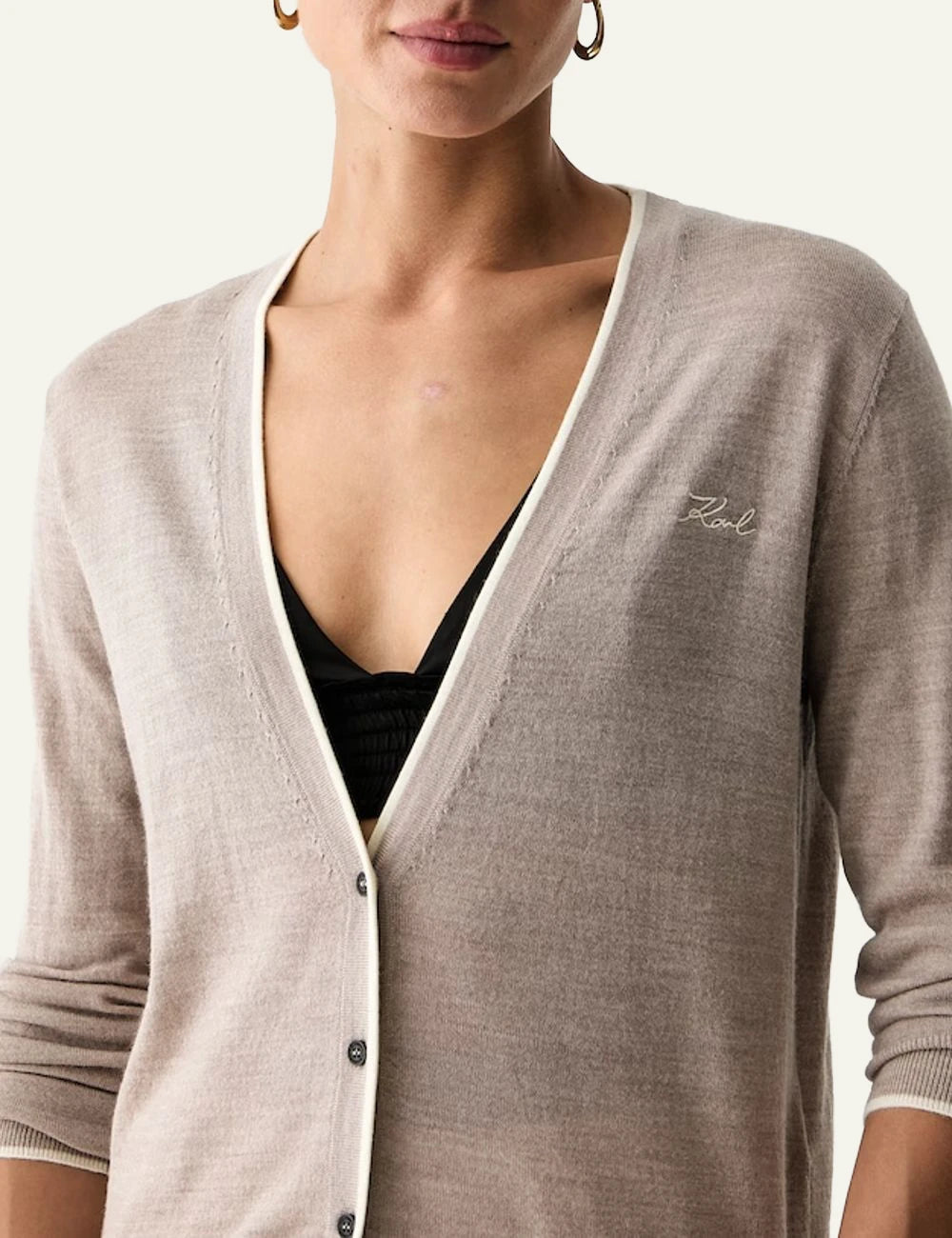 Karl Lagerfeld beige wool cardigan with V-neck and signature embroidery model