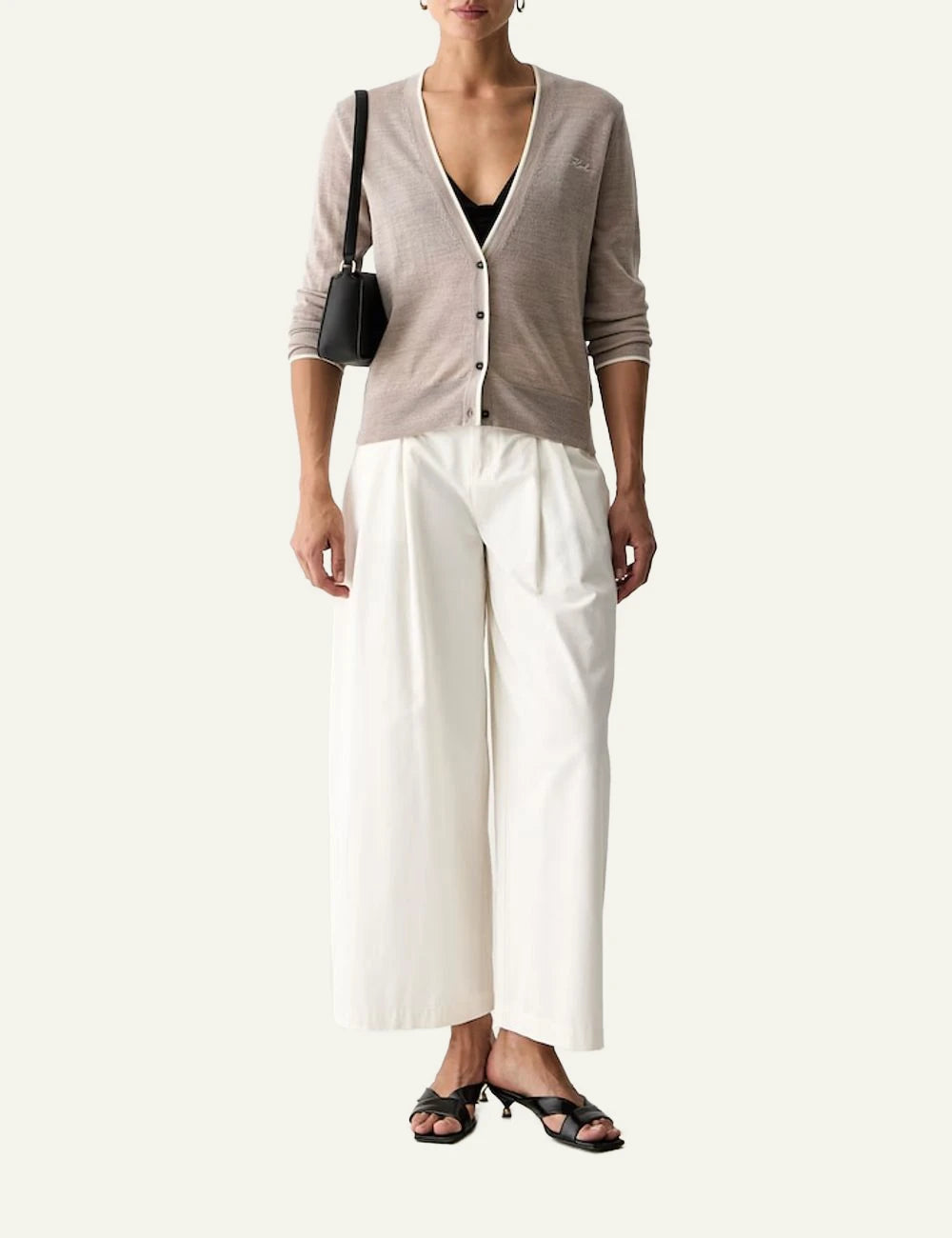 Karl Lagerfeld beige wool cardigan with V-neck and signature embroidery full body