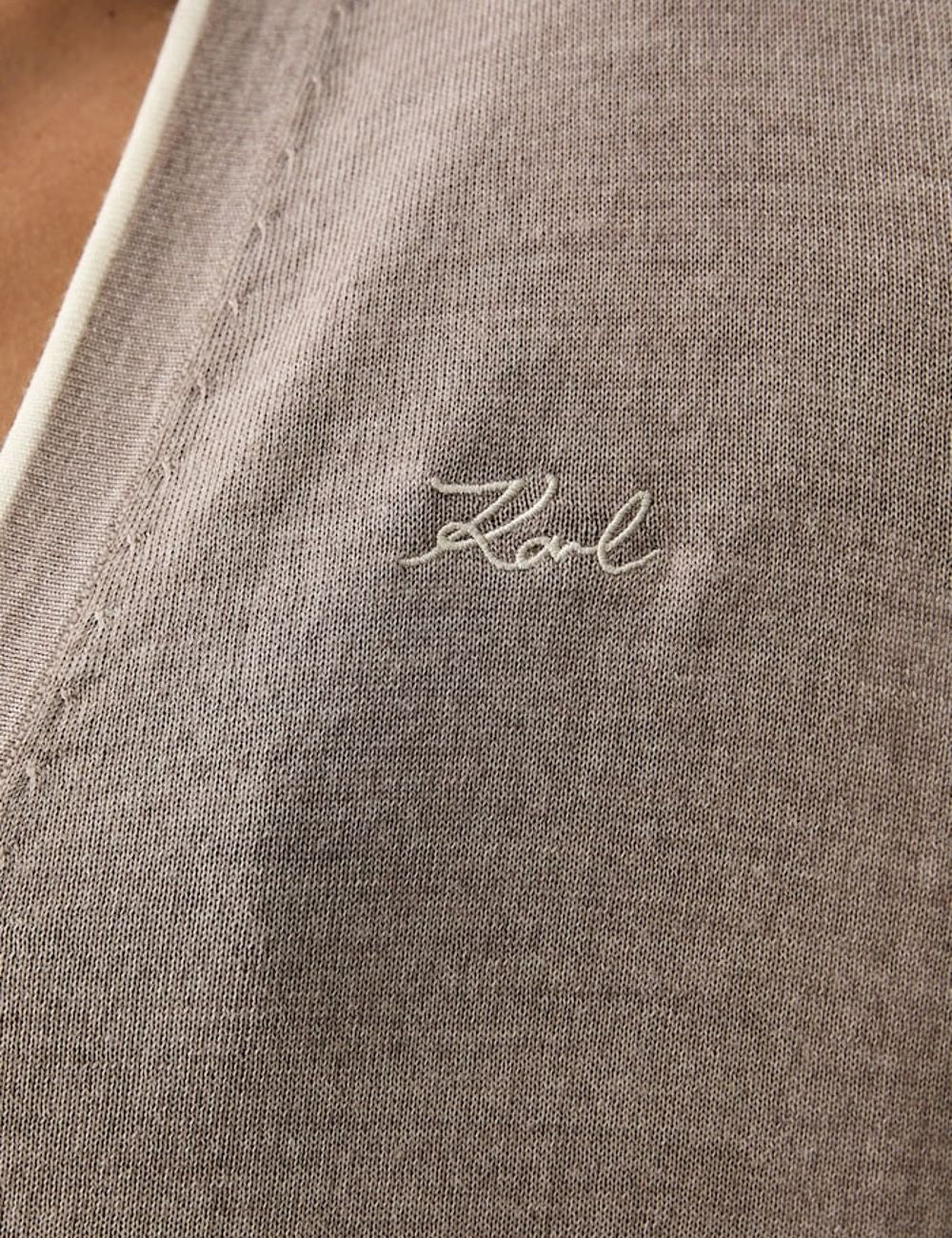 Karl Lagerfeld beige wool cardigan with V-neck and signature embroidery detail