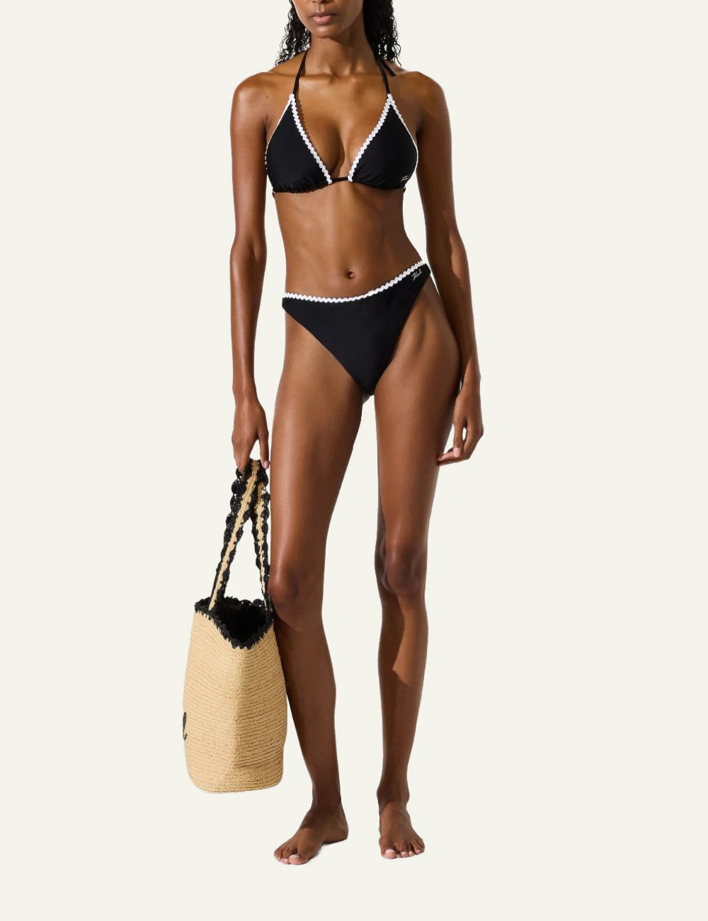 Karl Lagerfeld bikini brief black me scallop trim front full body view
