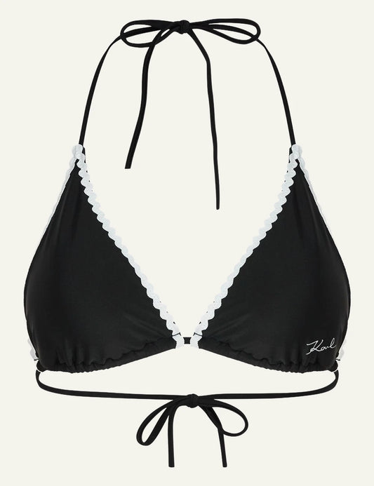 Karl Lagerfeld bikini top black triangle me scallop trim front flat  view