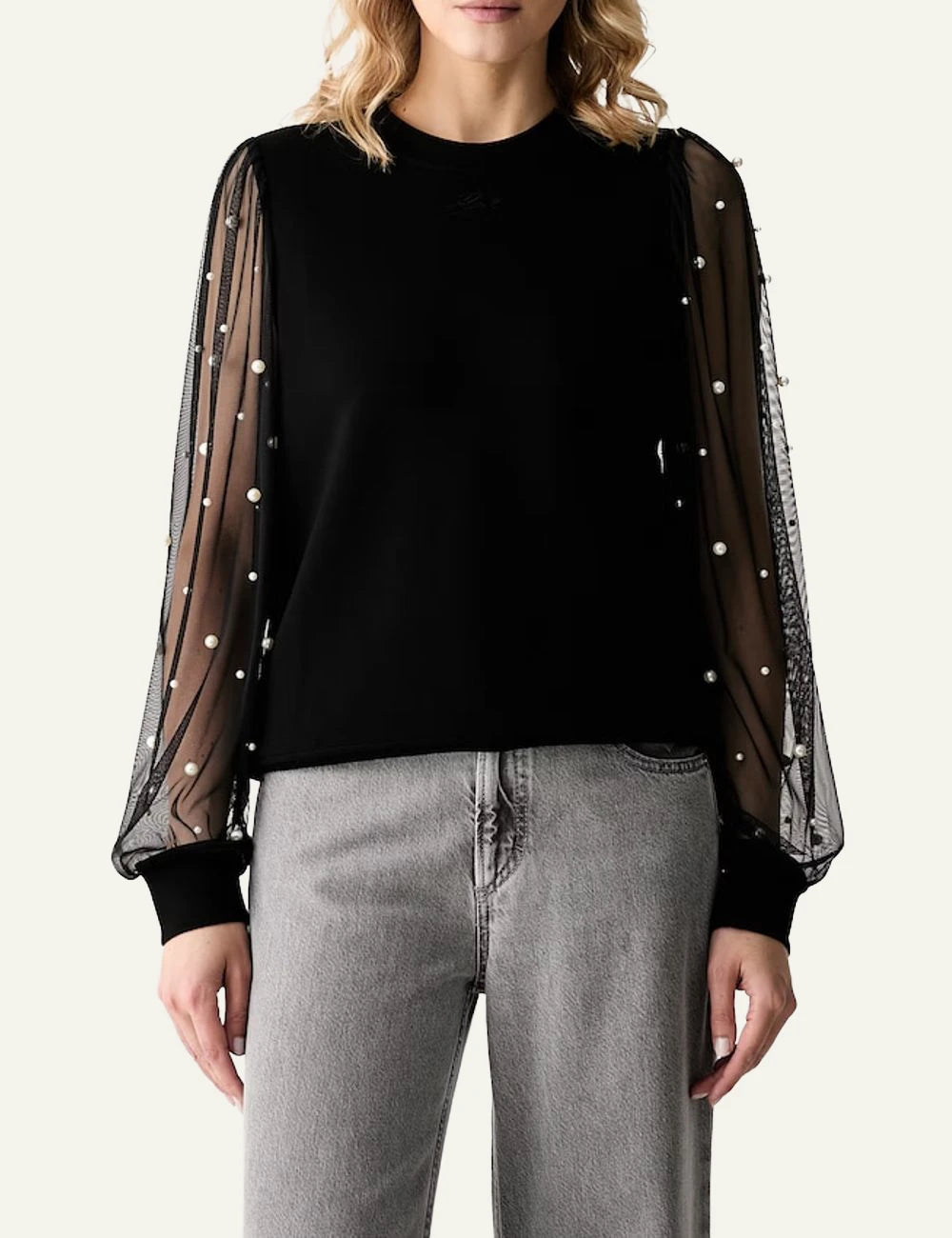 Karl Lagerfeld black blouse with sheer pearl embellished sleeves