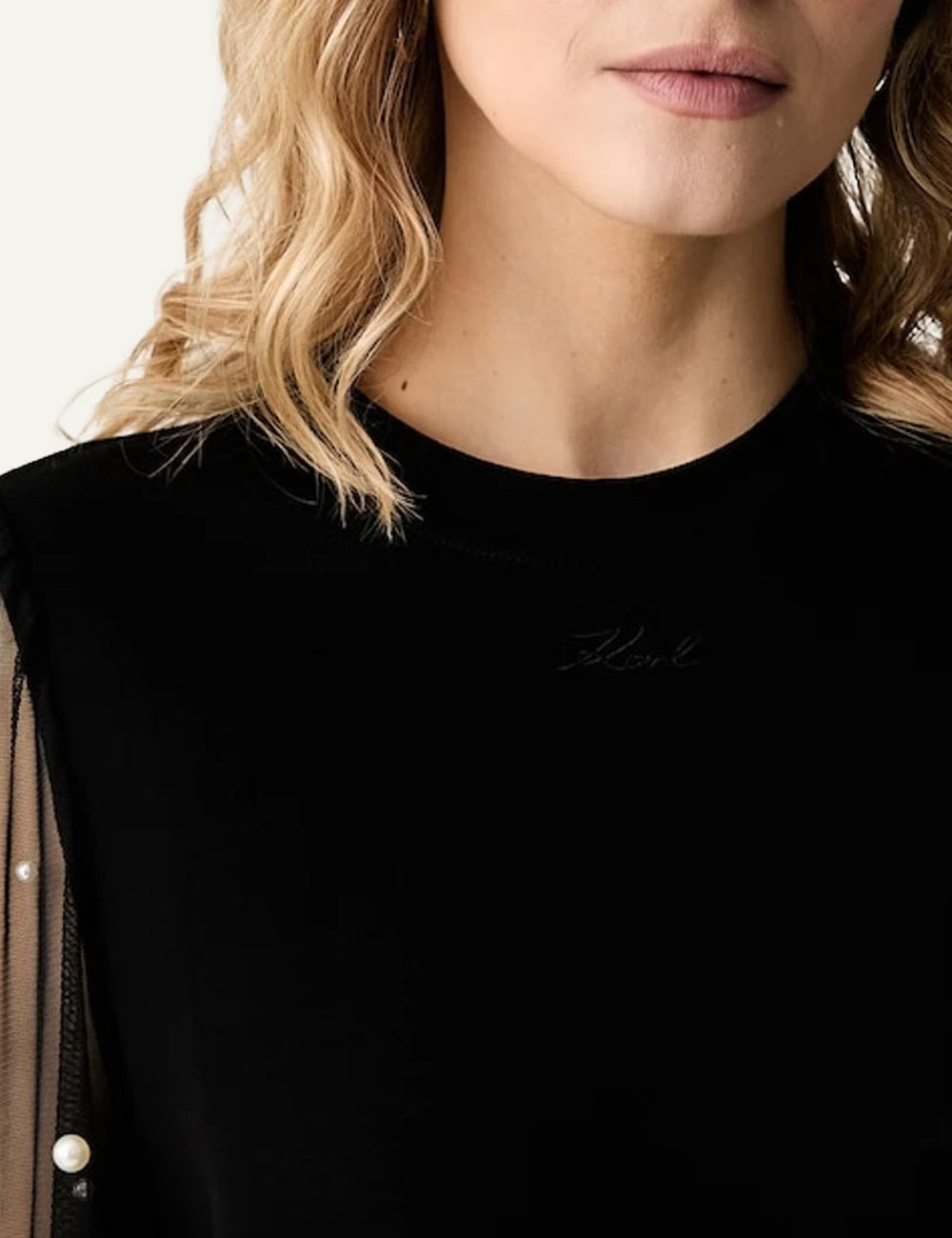 Karl Lagerfeld black blouse with sheer pearl embellished sleeves detail