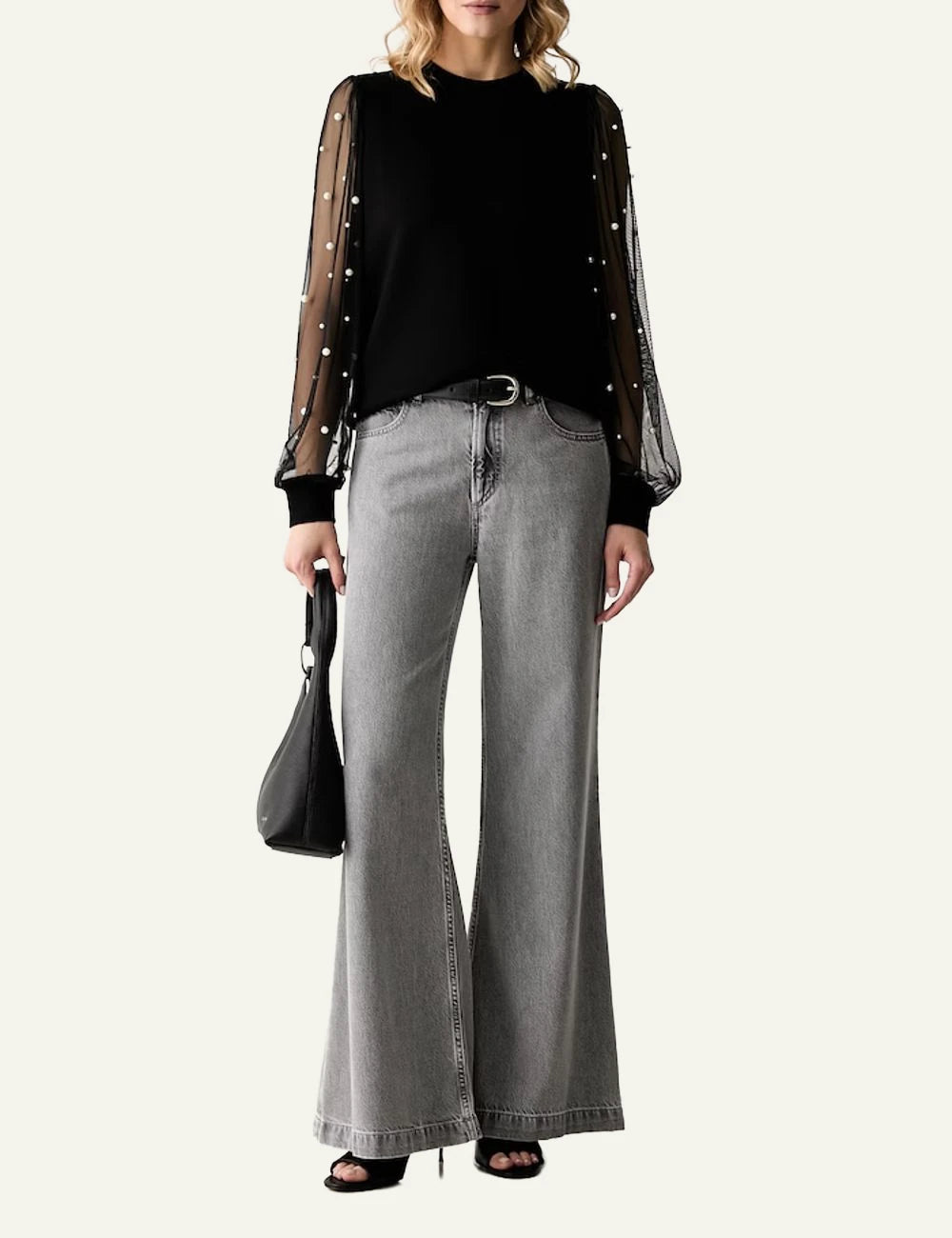 Karl Lagerfeld black blouse with sheer pearl embellished sleeves full body