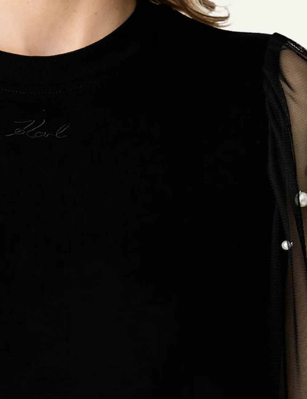 Karl Lagerfeld black blouse with sheer pearl embellished sleeves logo