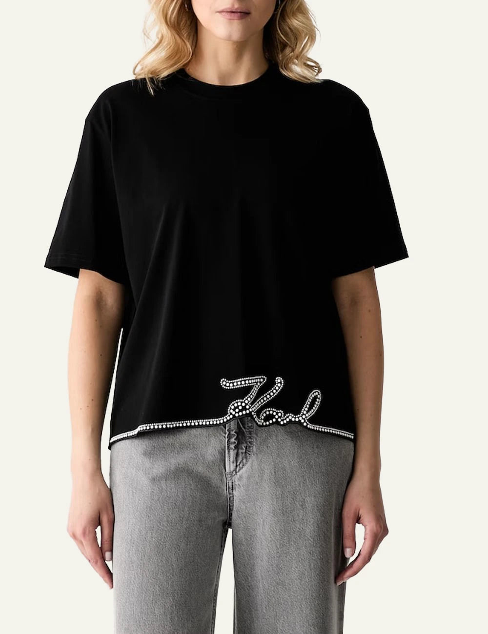 Karl Lagerfeld black cotton T-shirt with rhinestone Karl Signature 