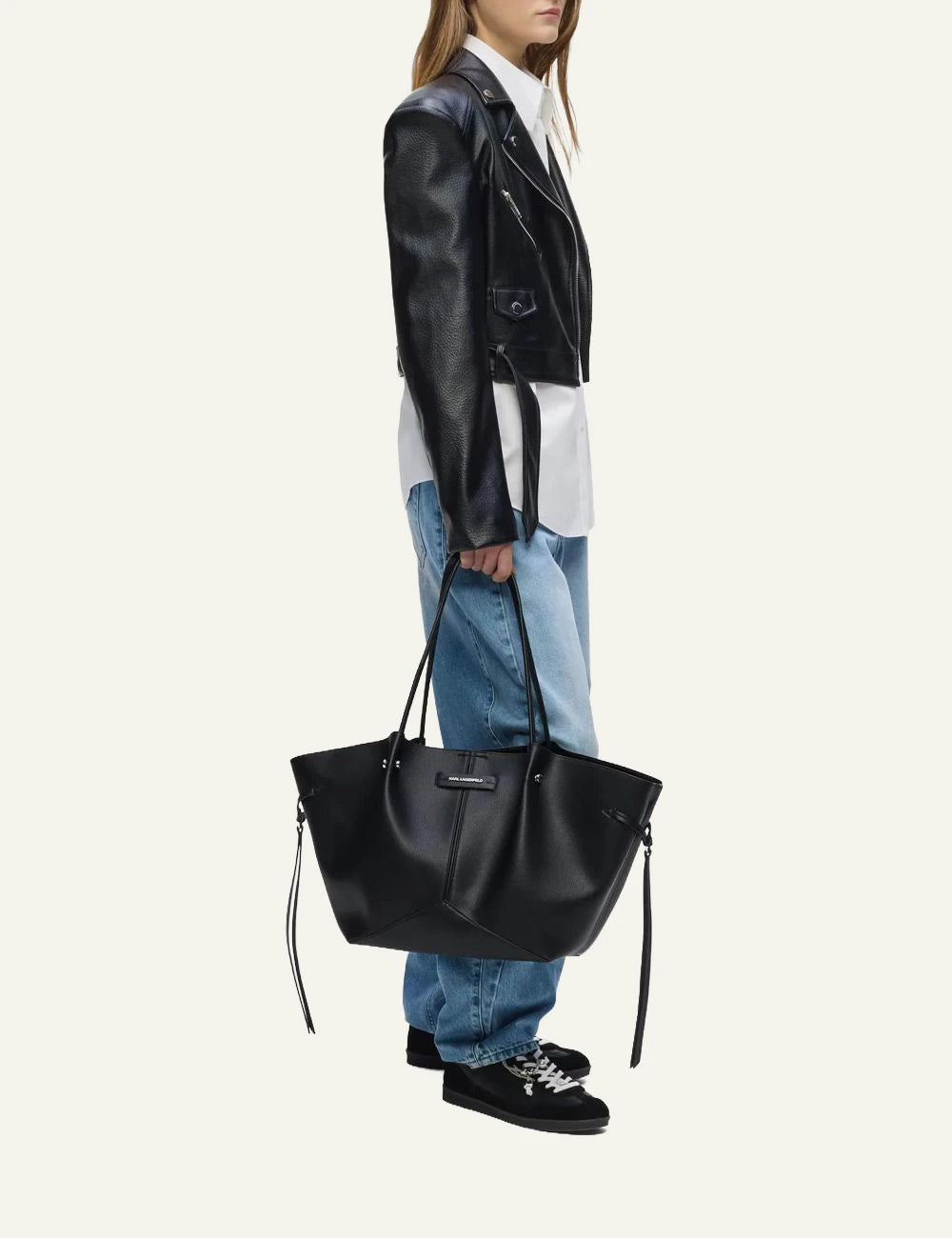 Karl Lagerfeld black faux leather tote bag with double shoulder straps and subtle logo model