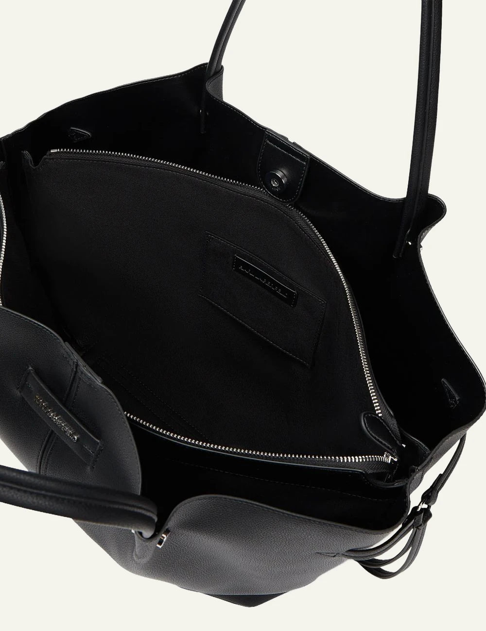 Karl Lagerfeld black faux leather tote bag with double shoulder straps and subtle logo top