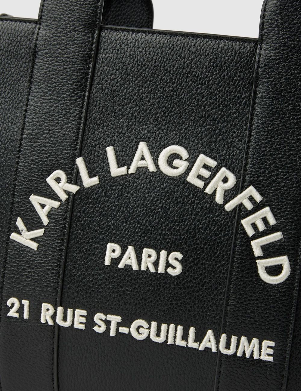 Karl Lagerfeld black faux leather tote bag with Rue St-Guillaume embroidered logo logo detail