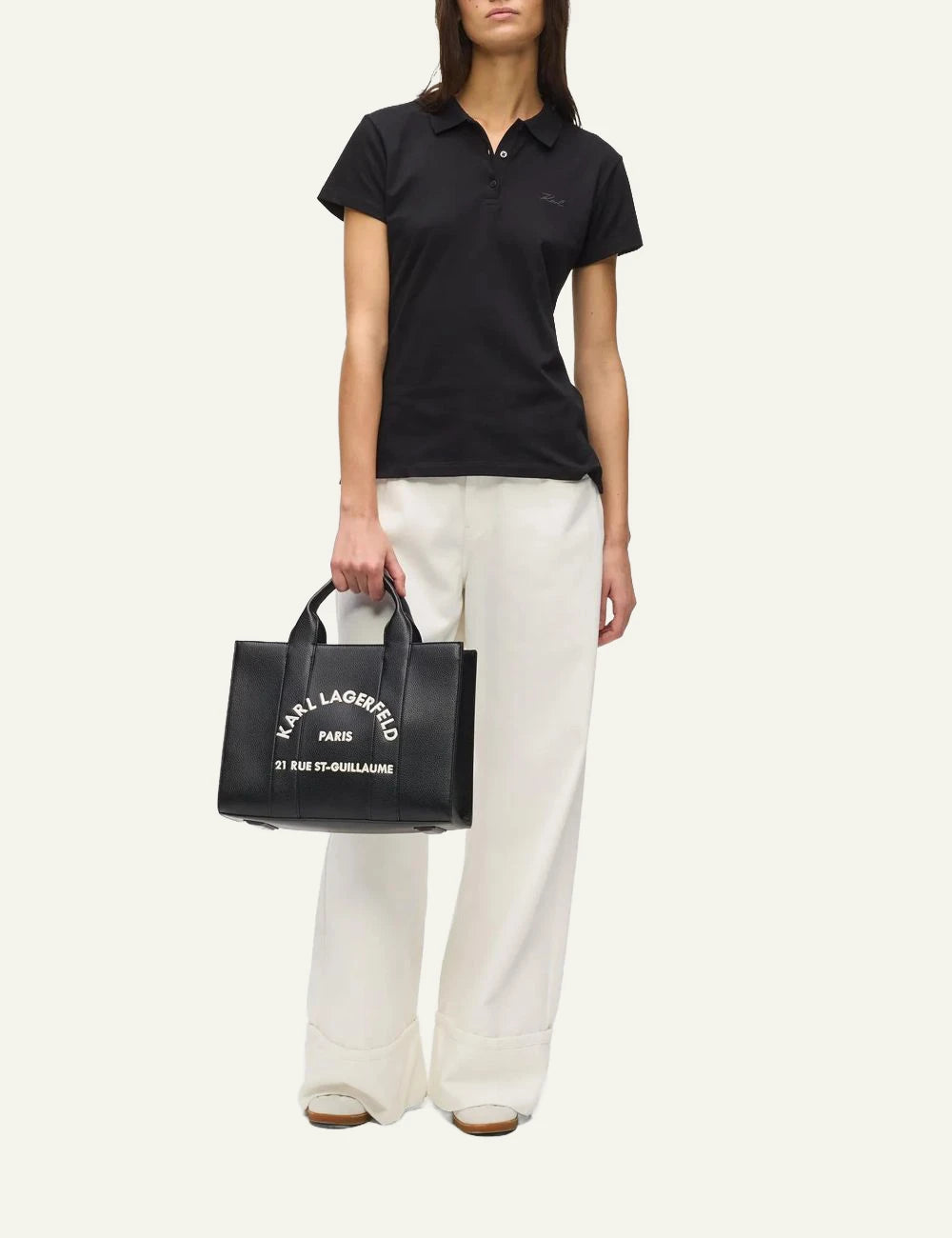 Karl Lagerfeld black faux leather tote bag with Rue St-Guillaume embroidered logo full body