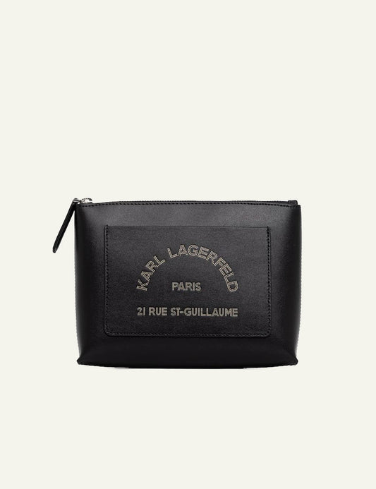 Karl Lagerfeld black leather toiletry bag with embossed Rue St-Guillaume logo