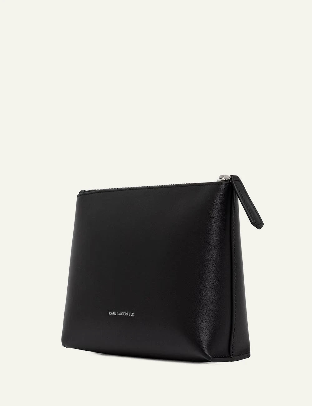 Karl Lagerfeld black leather toiletry bag with embossed Rue St-Guillaume logo side
