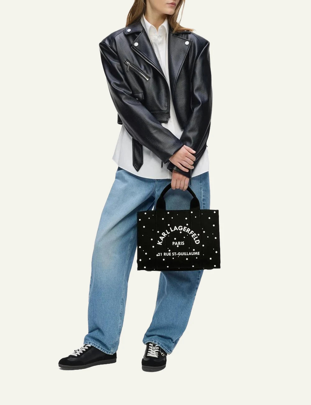 Karl Lagerfeld black medium tote bag with faux pearl embellishments model