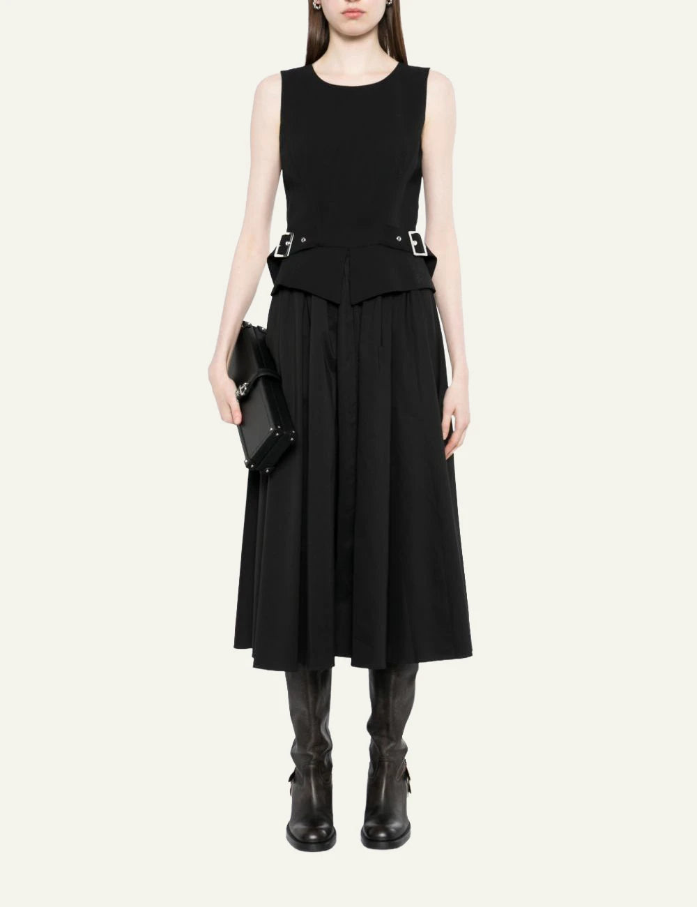 Karl Lagerfeld black midi dress me belt detail kai metal buckles front view