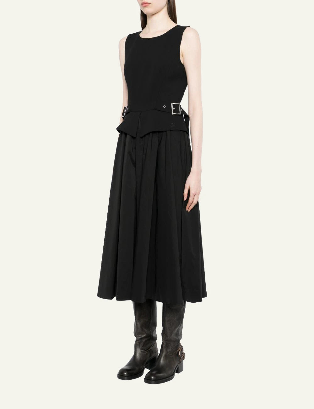 Karl Lagerfeld black midi dress me belt detail kai metal buckles side view