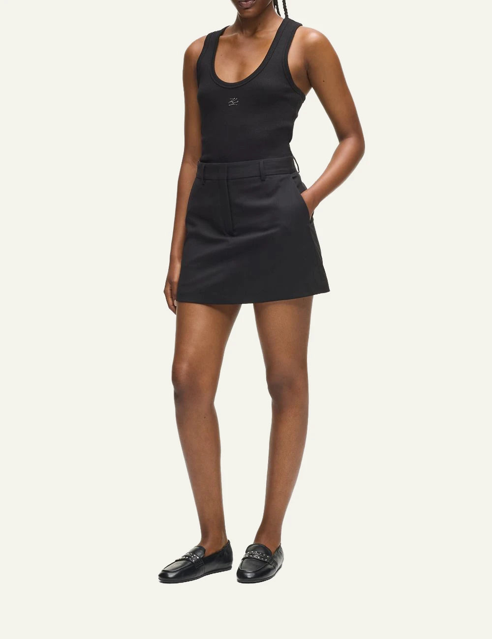 Karl Lagerfeld black mini skort stretch wool tailored side model view