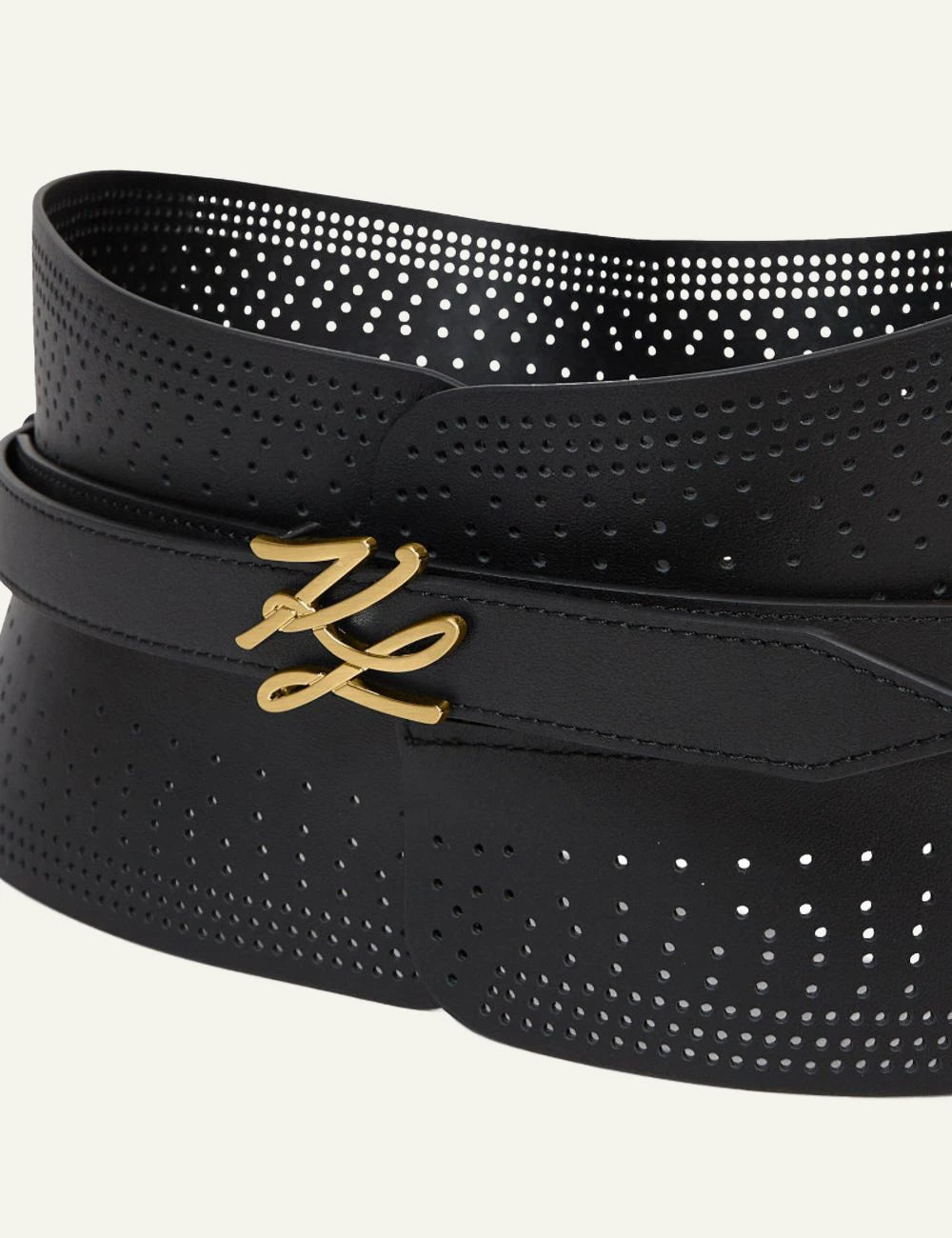 Karl Lagerfeld black perforated waist belt with gold logo side