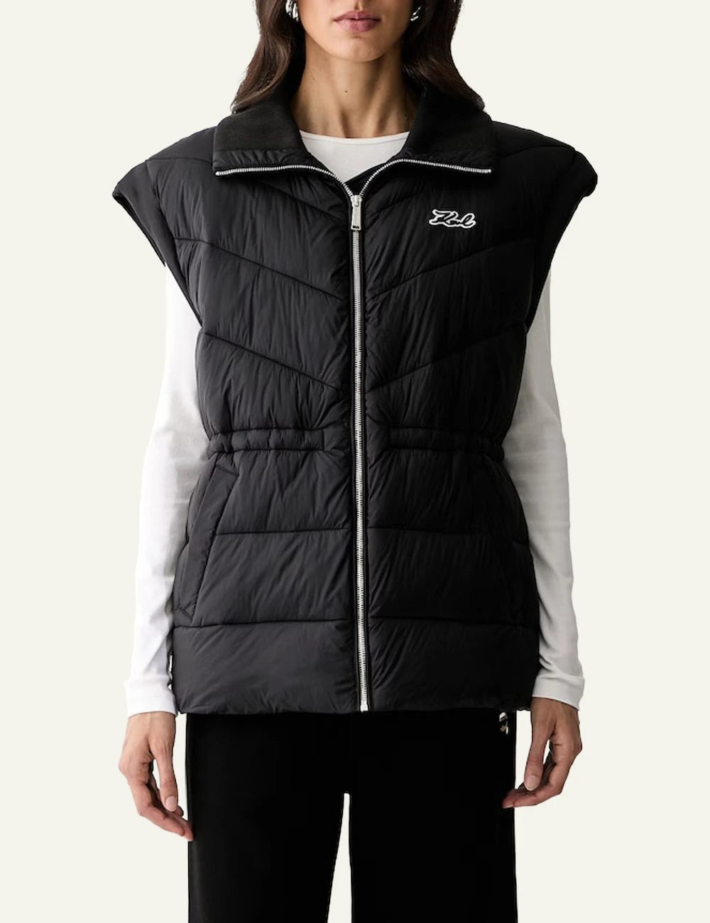 Karl Lagerfeld black quilted padded vest with signature embroidery model