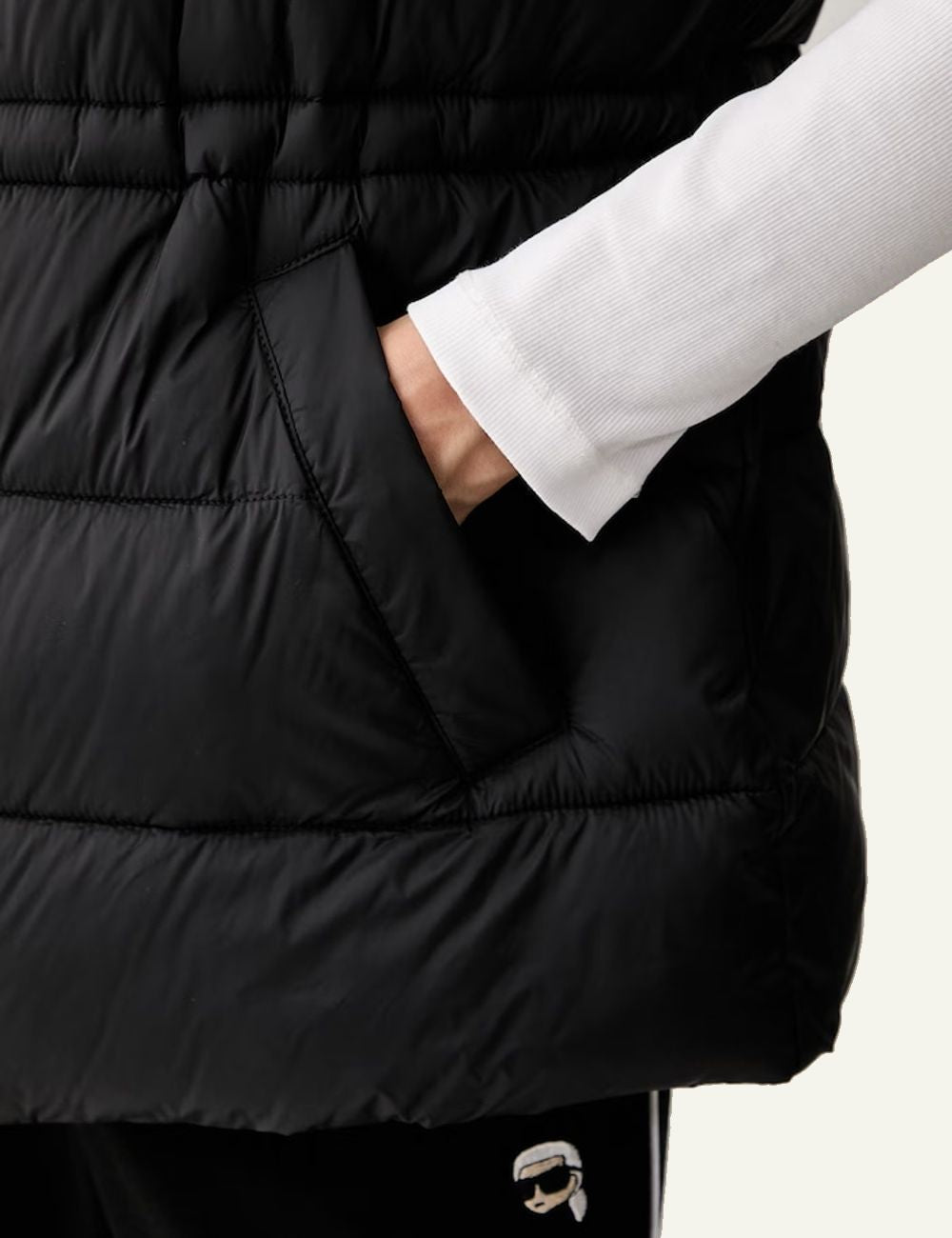 Karl Lagerfeld black quilted padded vest with signature embroidery pocket