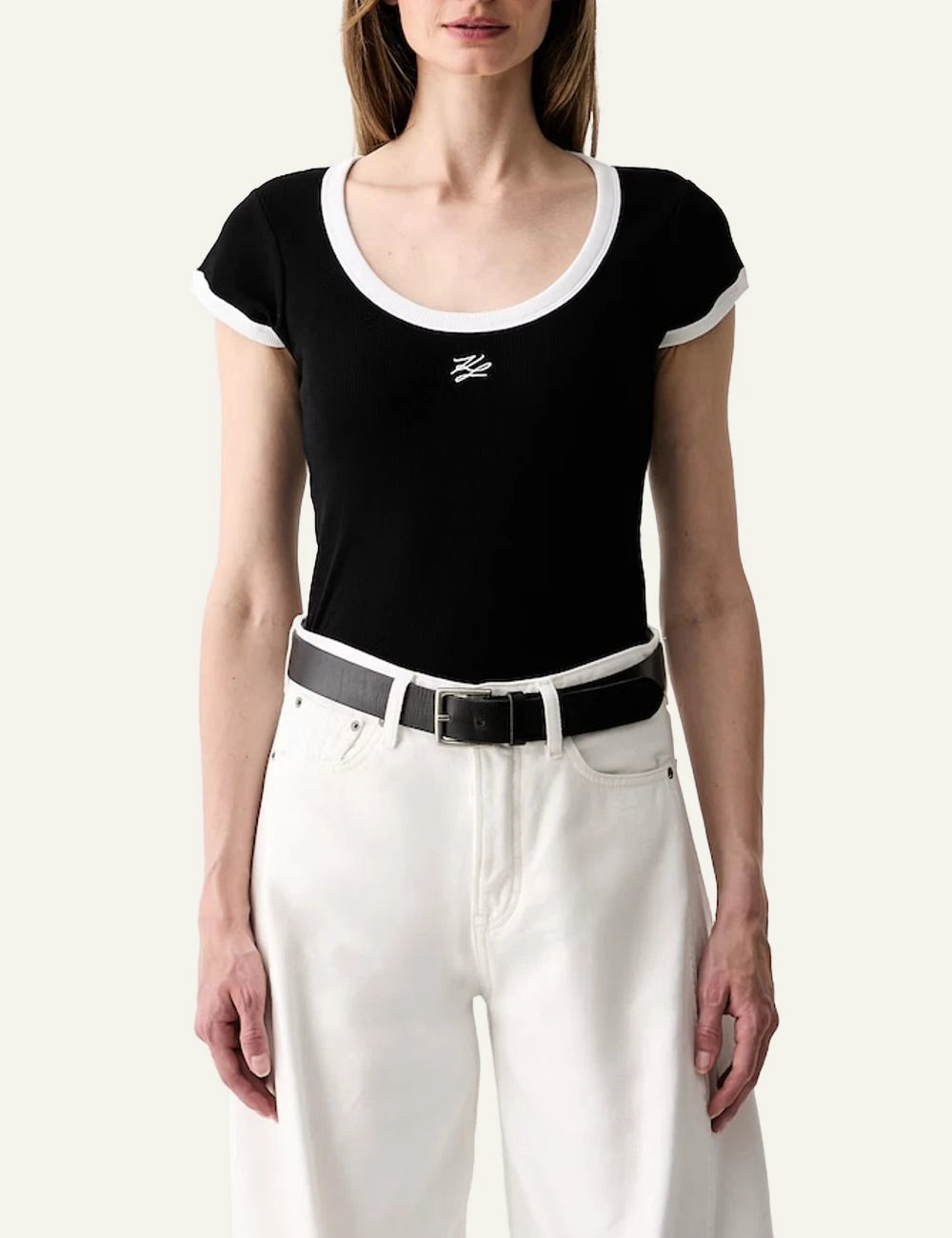 Karl Lagerfeld black rib cotton T-shirt with contrast trim and embroidered logo